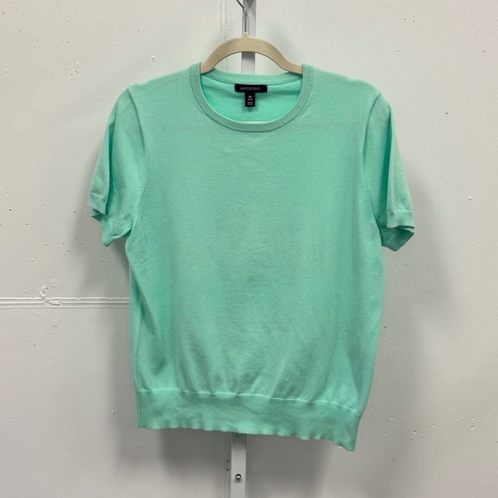 Lands End Womens Short Sleeve Crew Neck Sweater Mint Green Cotton Blend M 10-12